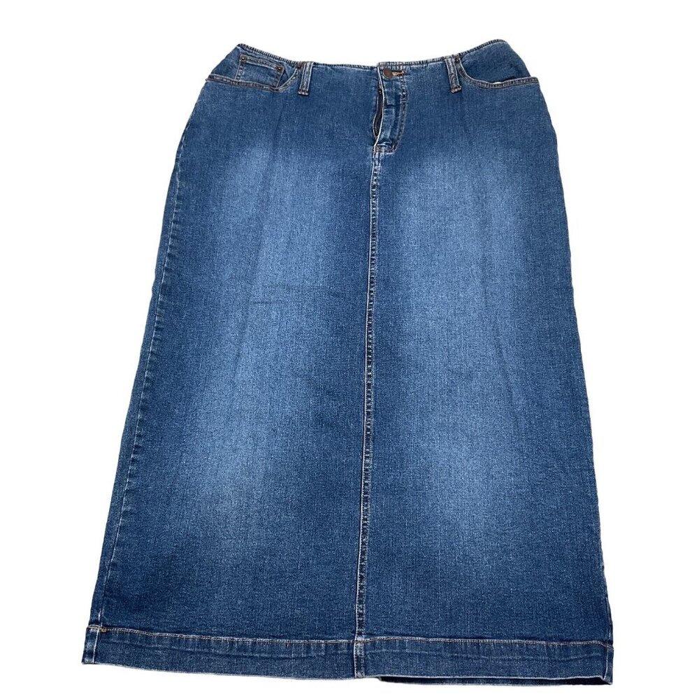 Venezia Skirt Women 10 Blue A-Line Stone Wash Back Slit Denim Stretch VTG‎